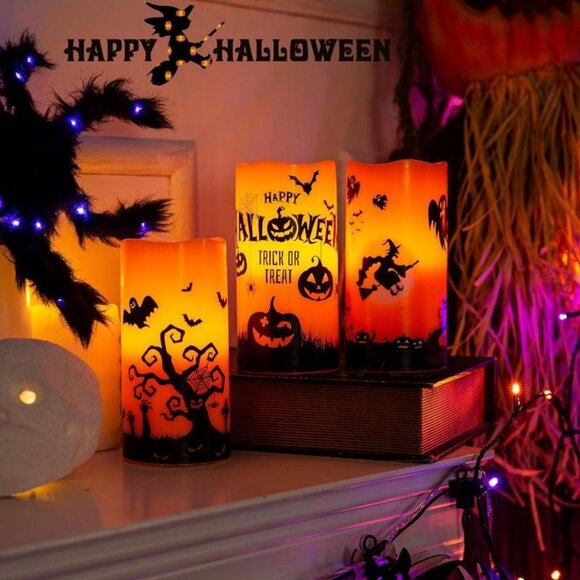 Halloween LED Flameless Pillar Candles Battery Operated with 6 Hour Timer Set - Picture 1 of 3